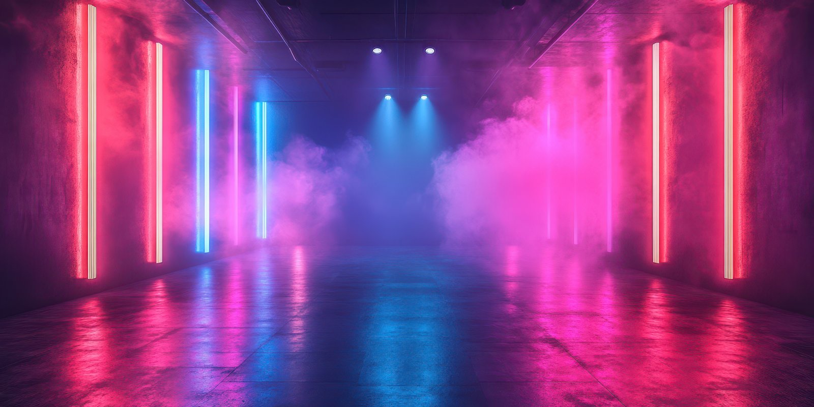 Colorful neon lights illuminate a fog-filled urban space at night creating a vibrant atmosphere for an event or celebration